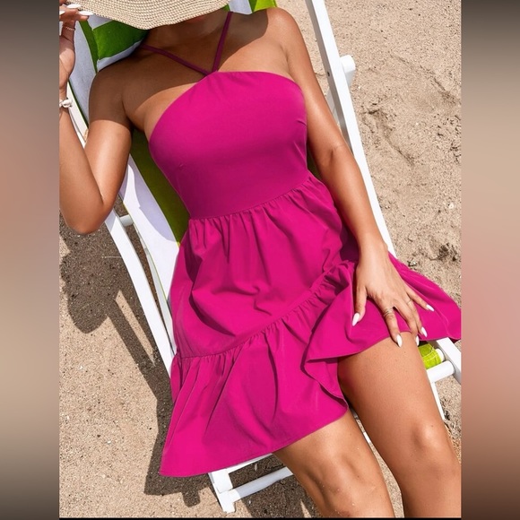 Boho lace up back ruffle hem cami dress - Picture 1 of 16